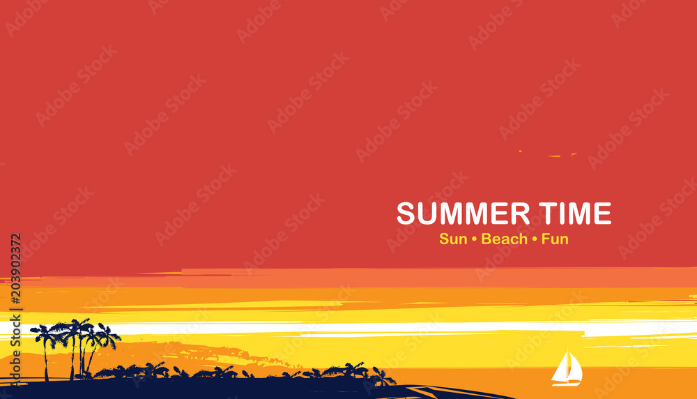 Fototapeta premium Vector travel banner with words Summer time. Tropical seascape with island silhouettes, palm trees and sailboat at sunset. Summer poster, flyer, invitation, card