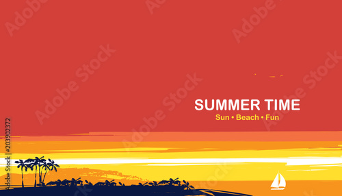 Vector travel banner with words Summer time. Tropical seascape with island silhouettes, palm trees and sailboat at sunset. Summer poster, flyer, invitation, card