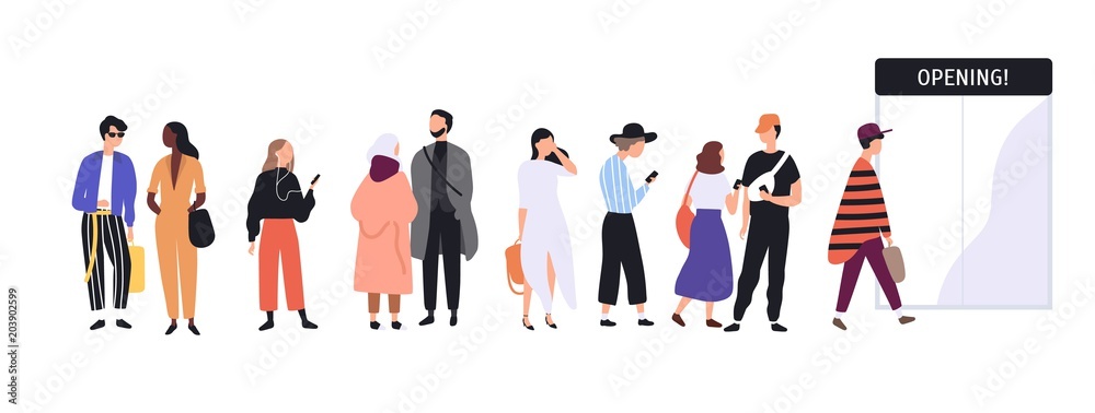 Men and women dressed in trendy clothes standing in line or queue in front of shop entrance doors. Stylish people waiting for store, boutique or showroom opening. Flat cartoon vector illustration.
