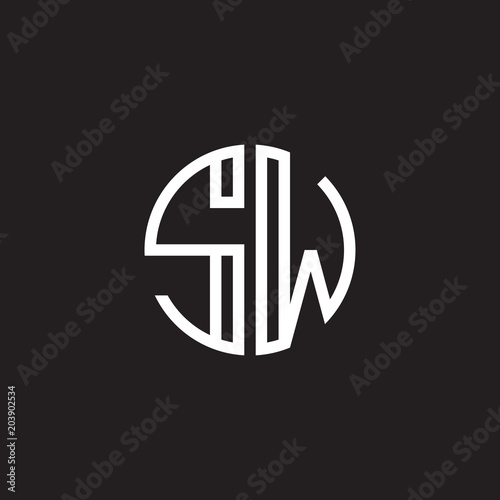 Initial letter SW, minimalist line art monogram circle shape logo, white color on black background