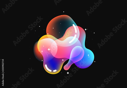 Fluid colorful gradient round shapes. Liquid splash bubble. Modern abstract art. Isolated on a black background