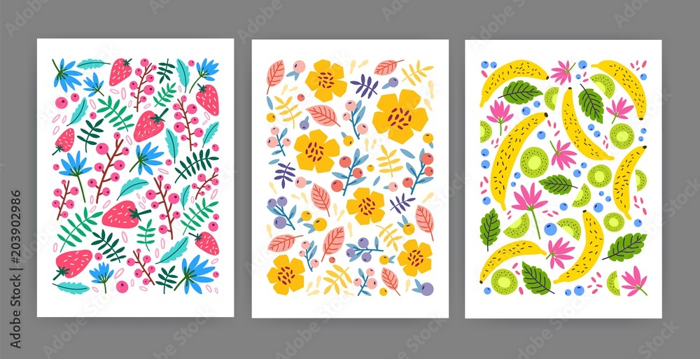 Collection of cards, posters or vertical background templates decorated with summer blooming flowers, leaves, exotic tropical fruits, berries. Bright colored flat cartoon vector illustration.