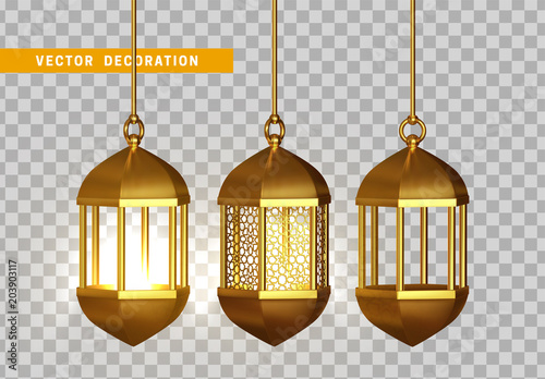 Gold vintage luminous lanterns. Arabic shining lamps. Isolated hanging realistic lamps. Effects of transparent vector background