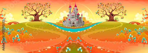 Countryside landscape with castle in the sunset