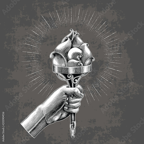 Hand holding torch hand sketch vintage style