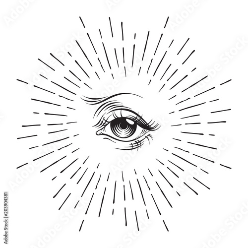 Hand-drawn Eye of Providence masonic symbol, all seeing eye, conspiracy theory, alchemy, religion, spirituality, print or tattoo design vector illustration.
