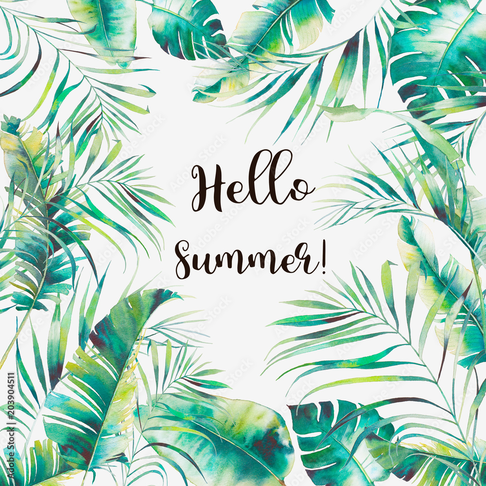 Hello summer! Watercolor tropic floral frame. Hand drawn greeting card ...