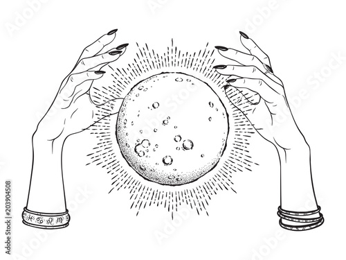 Hand drawn full moon with rays of light in hands of fortune teller line art and dot work. Boho chic tattoo, poster or altar veil print design vector illustration.