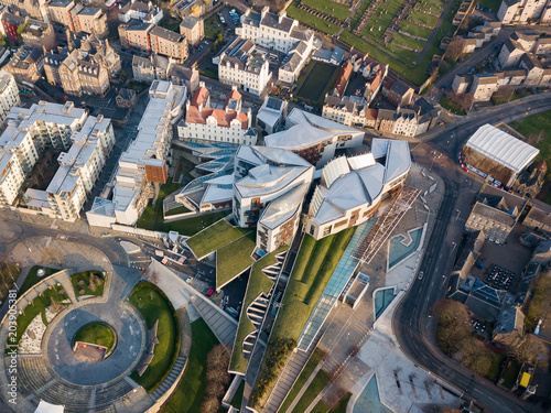 Aerial / Birds eye view of the Scottish Parliament building, Edinburgh, Scotland, UK photo