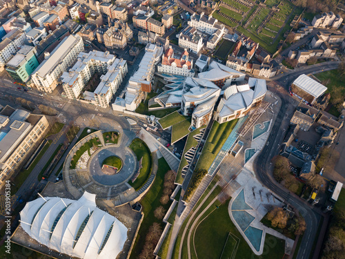 Aerial / Birds eye view of the Scottish Parliament building, Edinburgh, Scotland, UK