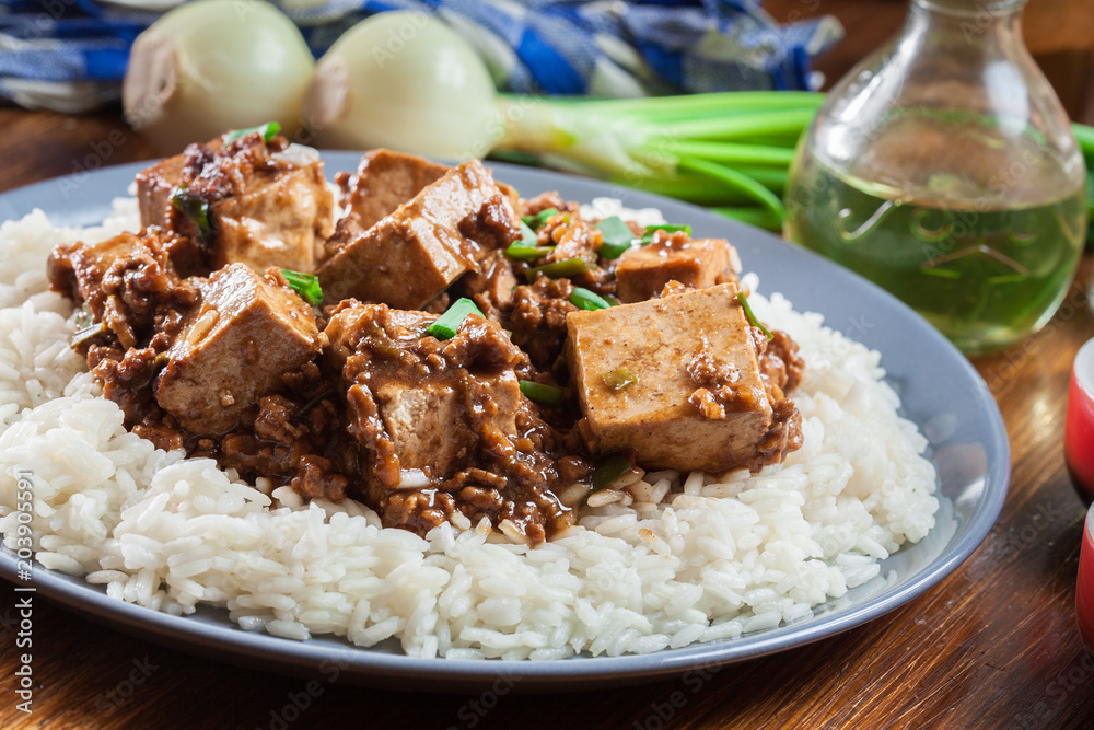 Mapo Tofu - sichuan spicy dish served with rice Mapo Tofu - sichuan spicy dish served with rice