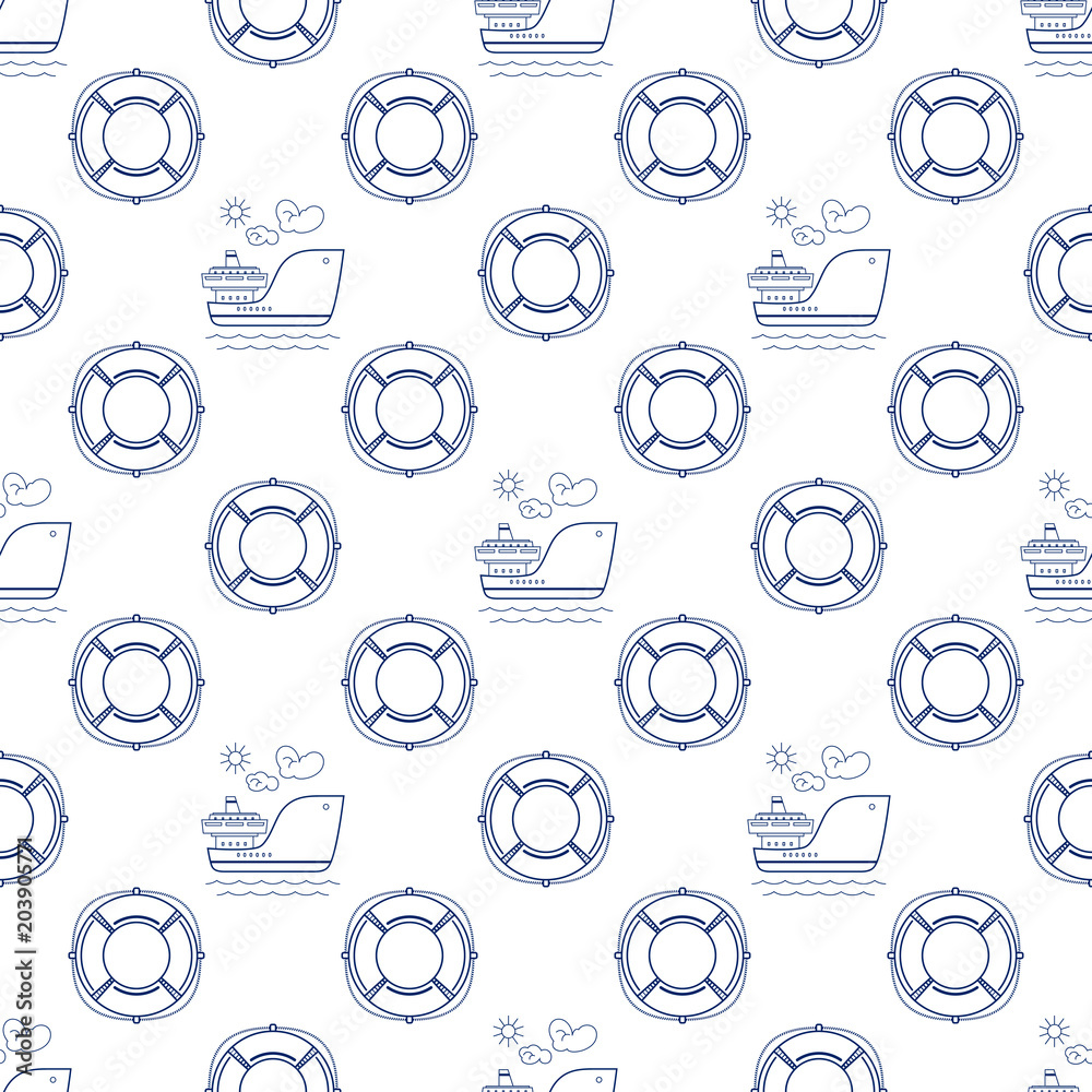Seamless Travel Pattern, Blue Ship and Lifebuoy on a White Background, Maritime Tourism Concept , Line Style Design, Vector Illustration Seamless Travel Pattern, Blue Ship and Lifebuoy on a White Background, Maritime Tourism Concept , Line Style Design, Vector Illustration