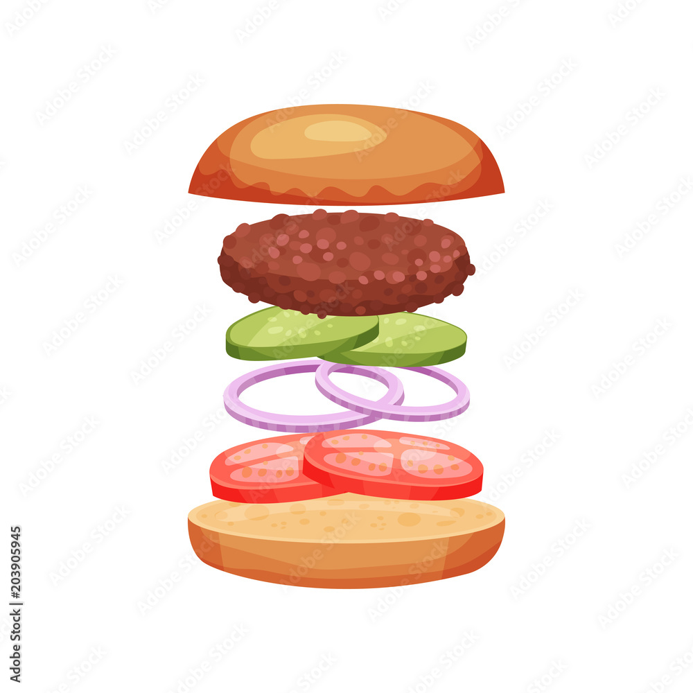 Burger with flying ingredients tomatoes, onion rings, cucumbers and grilled cutlet. Delicious snack. Flat vector design for menu Burger with flying ingredients tomatoes, onion rings, cucumbers and grilled cutlet. Delicious snack. Flat vector design for menu