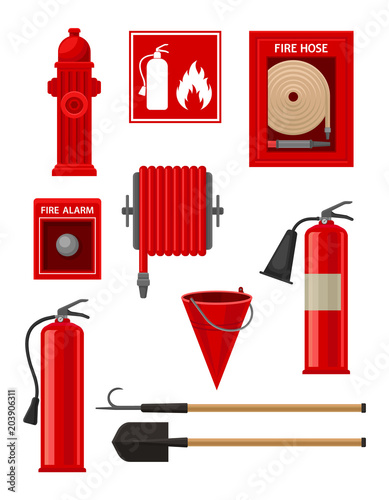 Flat vectoe set of firefighting items. Fireman tools. Hydrant, hose, fire extinguisher sign and alarm, handle instruments and red bucket