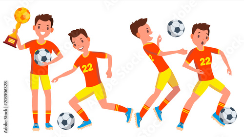 Soccer Male Player Vector. In Action. Modern Uniform. Ball. Boots. Cartoon Character Illustration