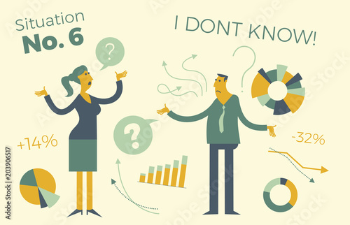 Business infographics with illustrations of business situations. Man and woman discussing work issues. Colleagues solve the problem. Meeting, negotiations in the office. Business people. Vector.