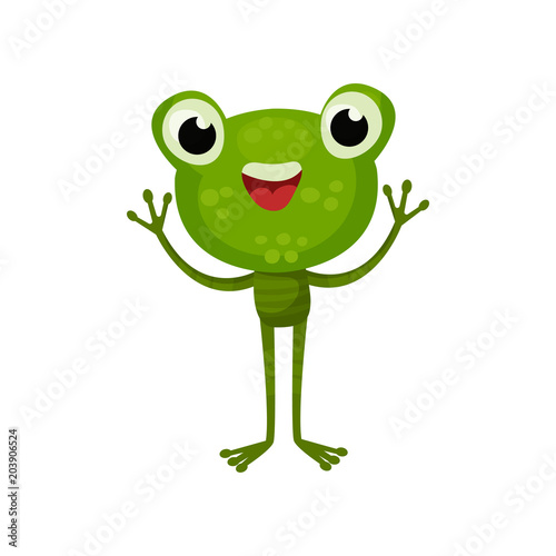 Adorable frog with cheerful face expression. Cartoon character of friendly green toad with paws up. Flat vector for children book
