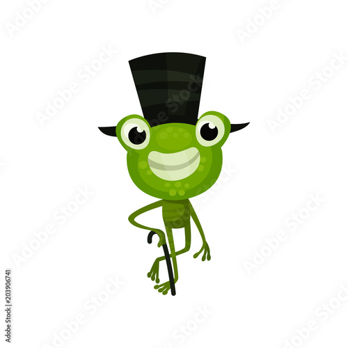 Cheerful frog with black top hat and cane. Funny green toad with happy face expression. Flat vector design for children book