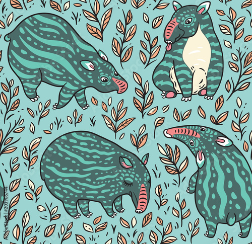 Cartoon tapirs seamless pattern. Green tapirs with light stripes in the leafs. Vector illustration