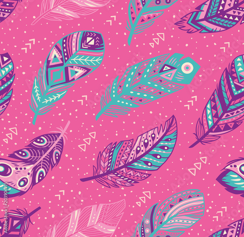 Tribal feathers pattern in blue, pink and purple colors. Vector creative illustration