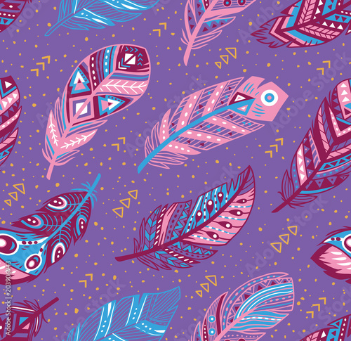 Tribal feathers pattern in blue, pink and purple colors. Vector creative illustration