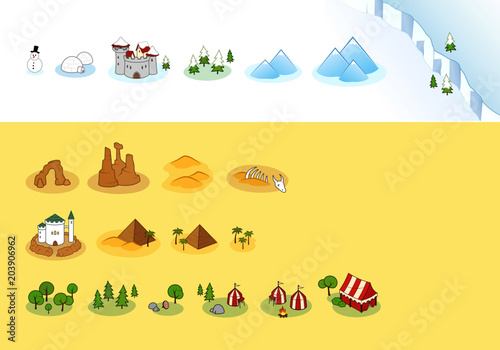 A set of different elements for a medieval fantasy map such as buildings, mountains, stones, deserts, pyramids, forests, camps and more