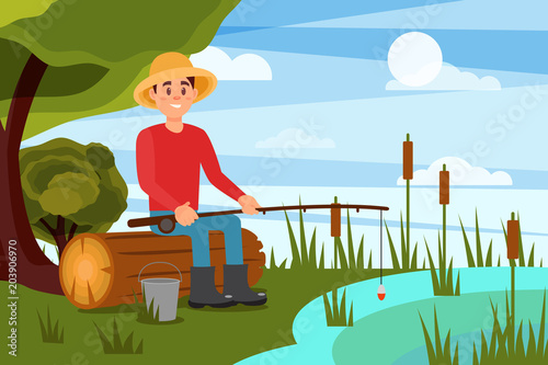 Young man fishing on lake. Guy sitting on log with rod in hands. Nature landscape. Summer outdoor recreation. Flat vector design