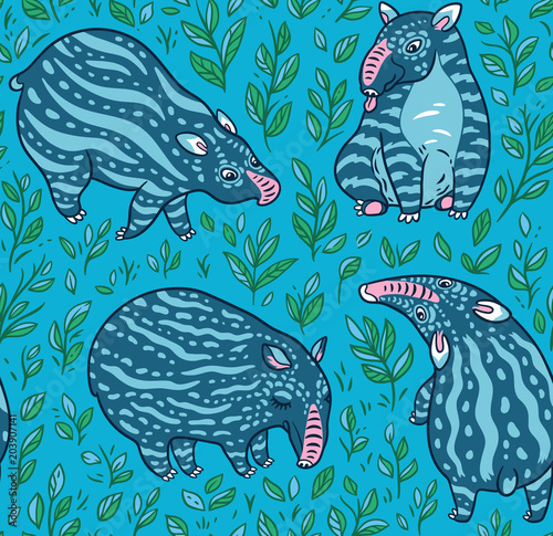 Cartoon tapirs seamless pattern. Blue tapirs with light stripes in the leafs. Vector illustration