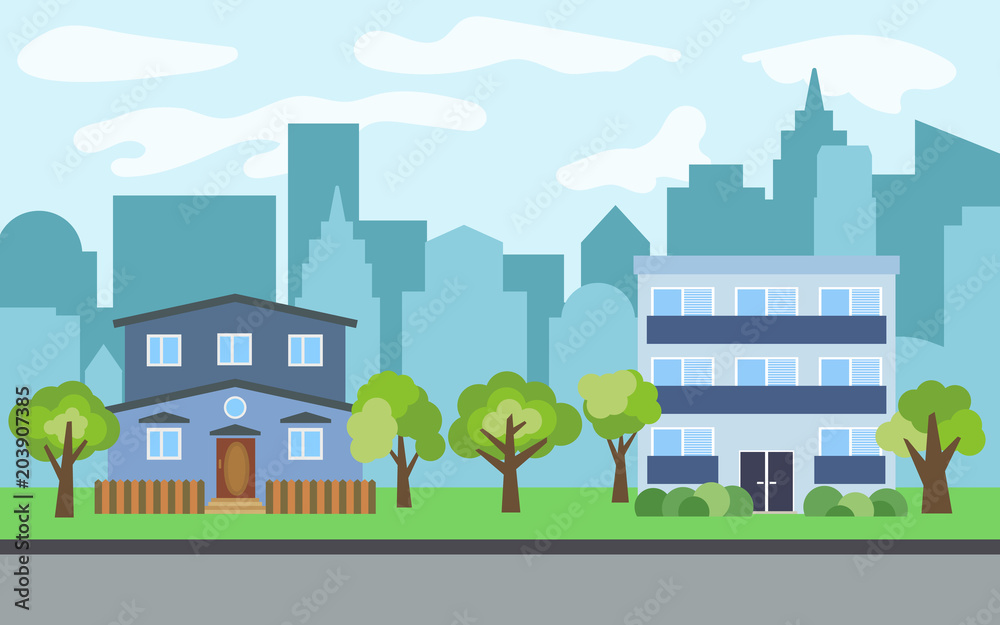Vector city with three-story and two-story cartoon houses and green trees in the sunny day. Summer urban landscape. Street view with cityscape on a background
