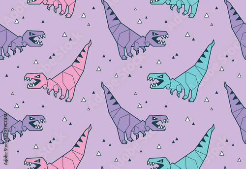 Vector seamless pattern with blue and pink origami dinosaurs t-rex. Cartoon vector tiles