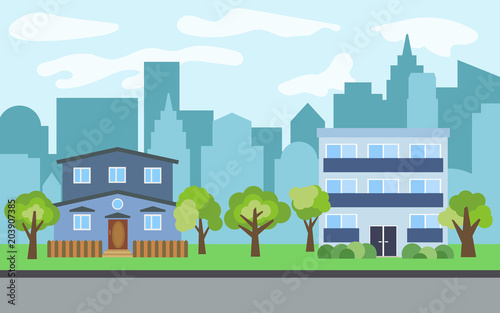 Vector city with three-story and two-story cartoon houses and green trees in the sunny day. Summer urban landscape. Street view with cityscape on a background 