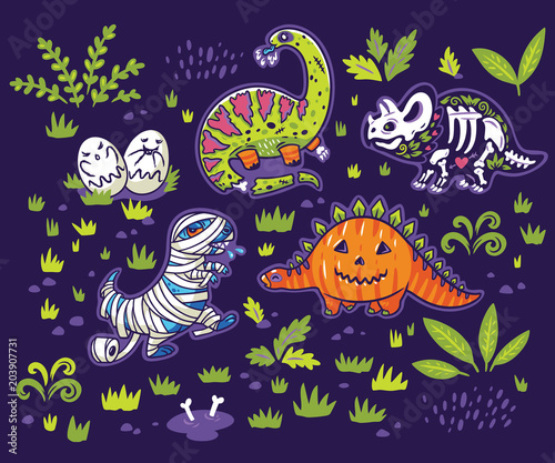 Ink dinosaurs in costumes for Halloween. Vector set of characters © penguin_house