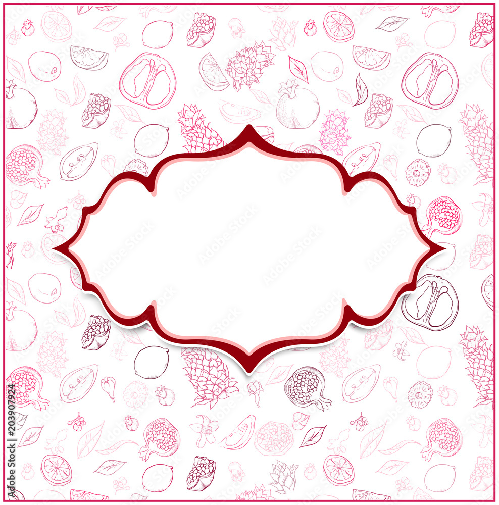 White figured background with tropical fruits. White figured background with tropical fruits.
