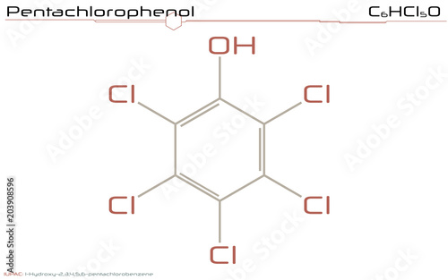 Large and detailed infographic of the molecule of Pentachlorophenol.