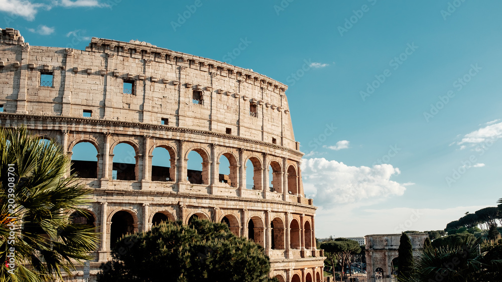 A view of the Coliseum, Italy. Blue sky