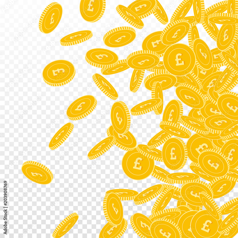 Fototapeta British pound coins falling. Scattered big GBP coins on transparent background. Delicate right gradient vector illustration. Jackpot or success concept.