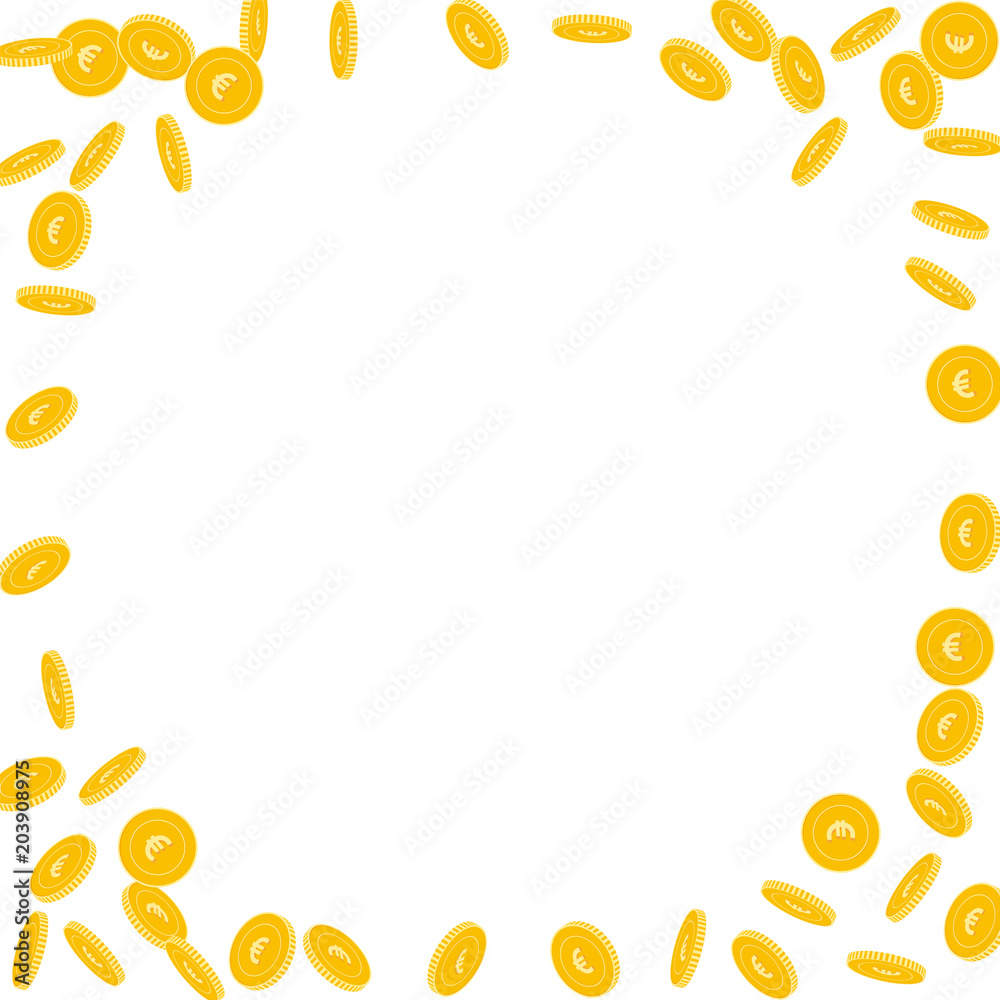 European Union Euro coins falling. Scattered sparse EUR coins on white background. Valuable corner frame vector illustration. Jackpot or success concept.