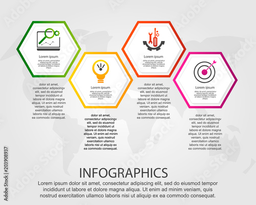 Timeline modern vector illustration 3D. Infographic template with four hexagon elements. Designed for business, presentations, web design, diagrams with 4 steps for workflow layout, annual report
