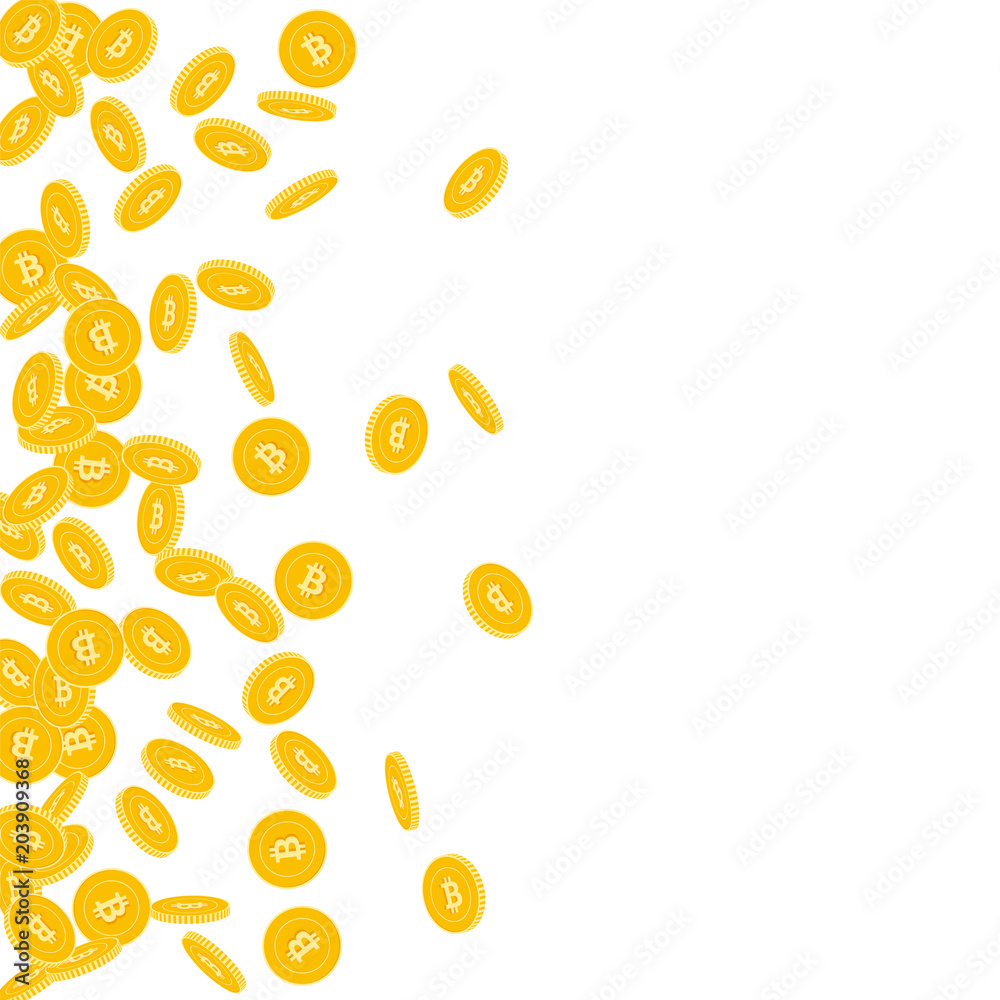 Fototapeta Bitcoin, internet currency coins falling. Scattered small BTC coins on white background. Stylish scatter left gradient vector illustration. Jackpot or success concept.