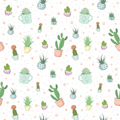 Keuken achterwand Planten in pot patronen Vetplanten in theekopjes vector patroon  © svetazi