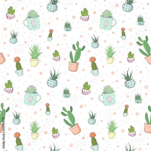 Cute vector seamless pattern with small succulents in different teacups. A small haworthia, aloe vera, echeveria and others. Design for greeting cards, wrapper, fabric and other objects