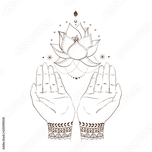 Woman's hands with mehendi design and soaring Lotus flower. Hindu motifs. Outline hand drawn illustration. Concept women's health, gratitude, spirituality etc.