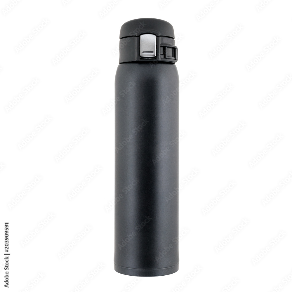 Black closed plastic thermos stands isolated on white