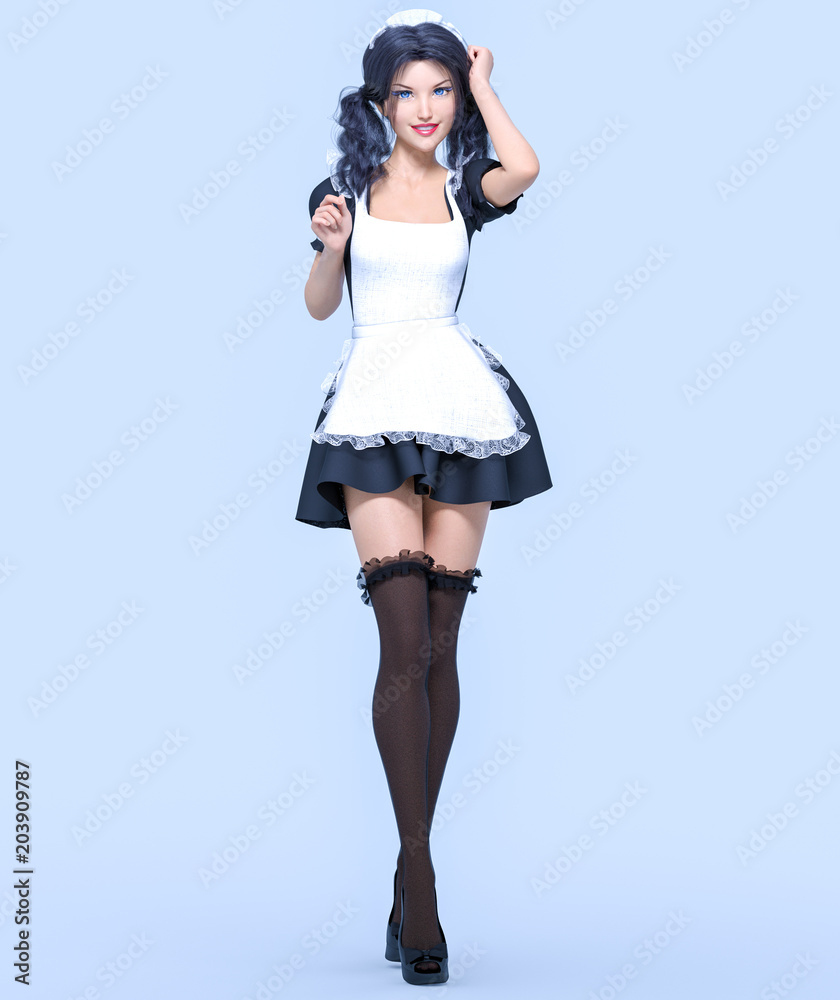 Naklejka premium 3D beautiful young attractive girl maid black dress,stockings and white apron.Woman uniform.Woman studio photography.High heel.Conceptual fashion art.Seductive candid pose.Realistic render 