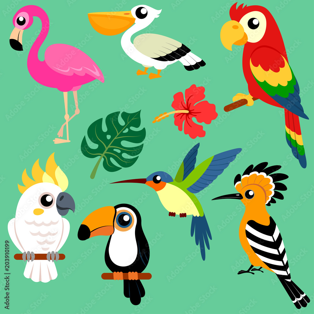 Fototapeta premium Set of bright exotic tropical birds 