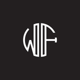 Initial letter WF, minimalist line art monogram circle shape logo, white color on black background