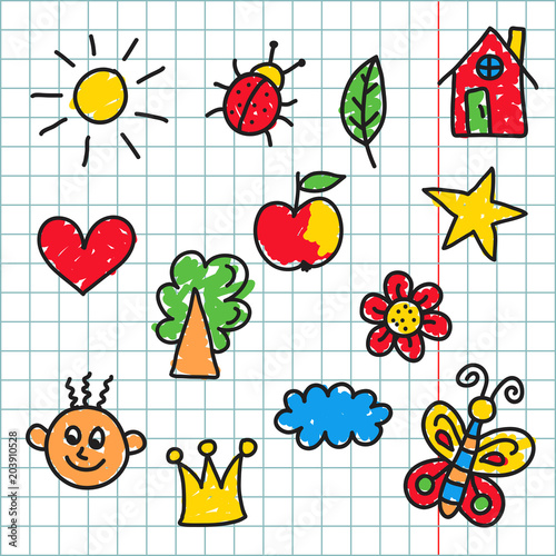Random colored childlike drawings cute icons