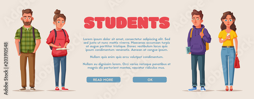 Happy students with books and gadgets. Cheerful, beautiful girls and guys Cartoon vector illustration