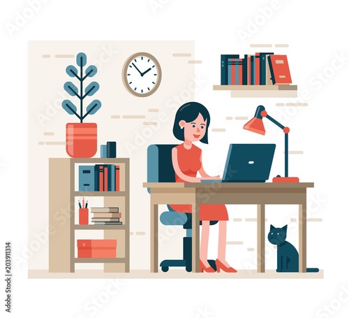Woman working on laptop sitting on chair at desk in home interior. Flat character.