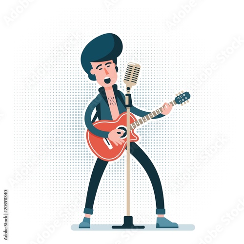 Rock guitarist with an acoustic guitar plays and sings into microphone. Character in flat style.